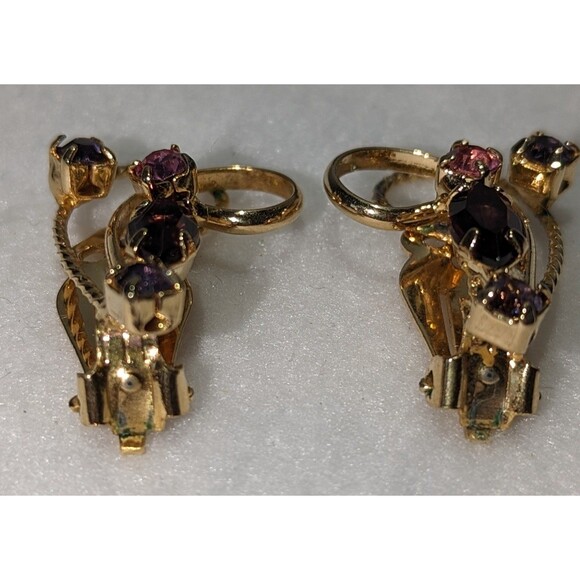 Vintage Prong Set Faceted Purple Pink Lavender Clip On Earrings - Picture 5 of 7